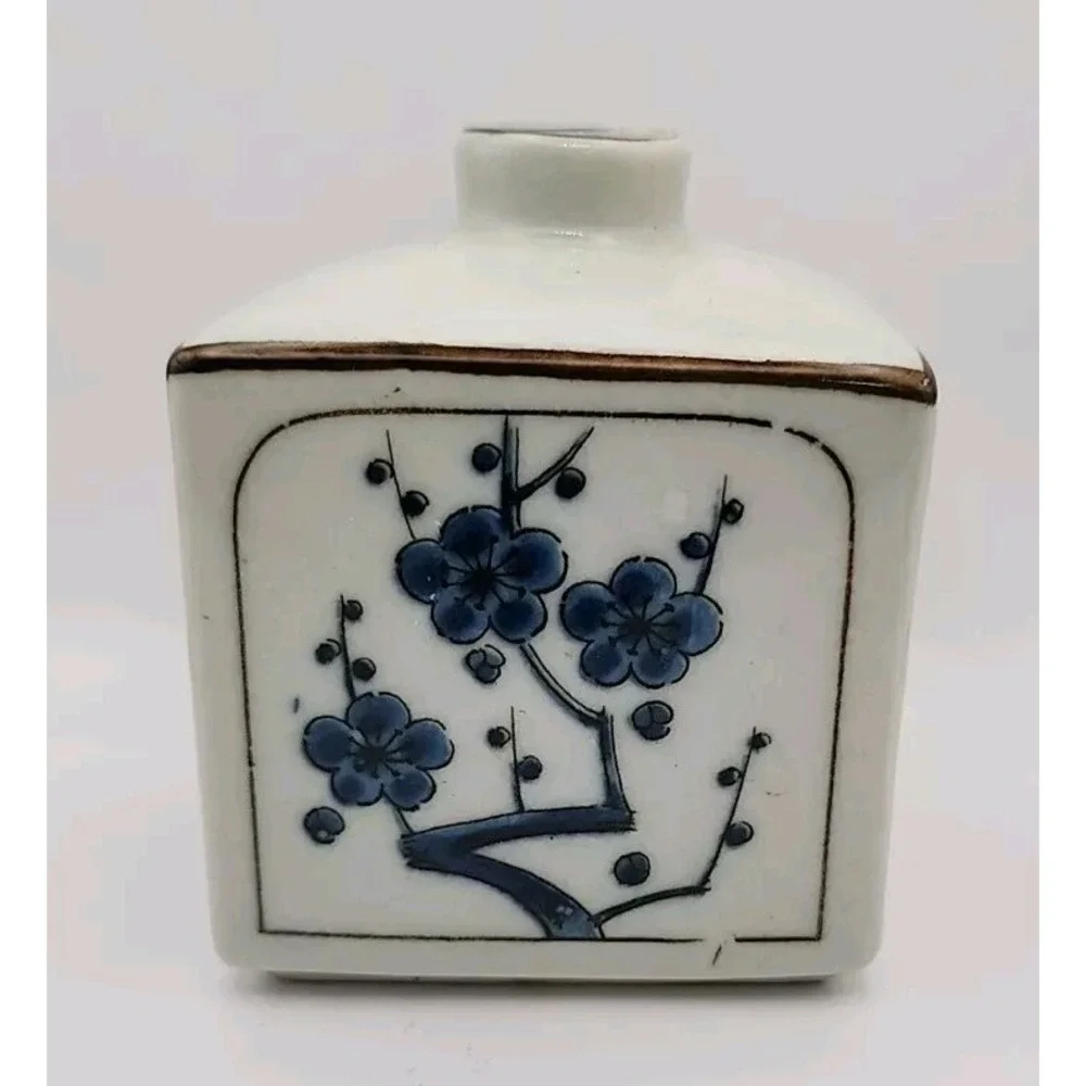 VINTAGE OMC Japan Brand - Square  Bud Vase - Blue Flowers &‎ Design MCM